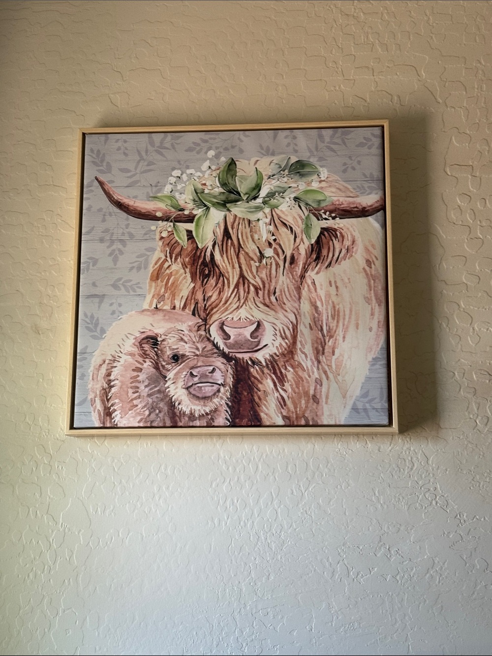 Highland Cow Wall Art Canvas - Green Floral Crown